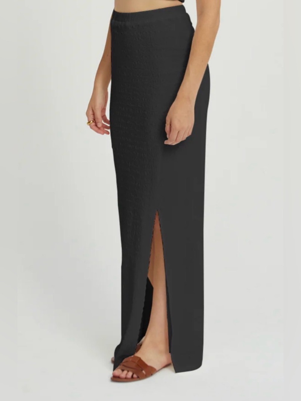 CRESCENT Maribel High Waist Textured Maxi Skirt Side Slit Black Small Pull on